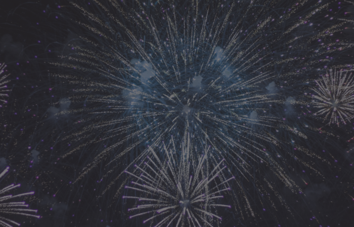 Blue and purple fireworks in the night sky.
