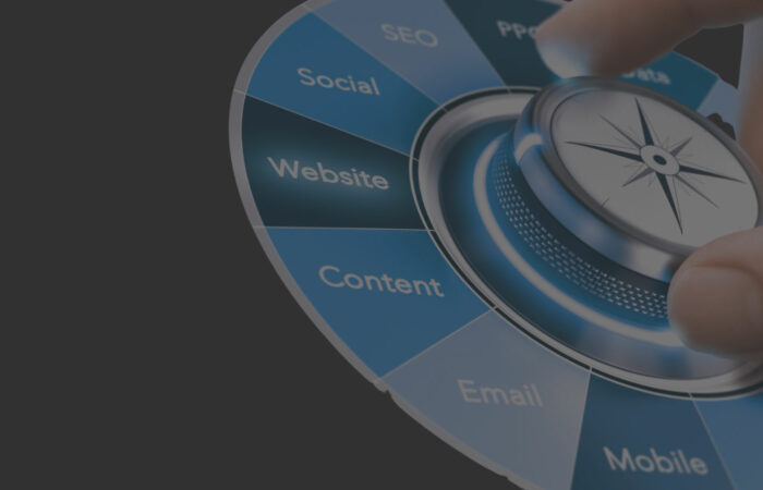 A dial with multi-channel marketing options, such as social, website, content, and email, with the arrow pointing to content.